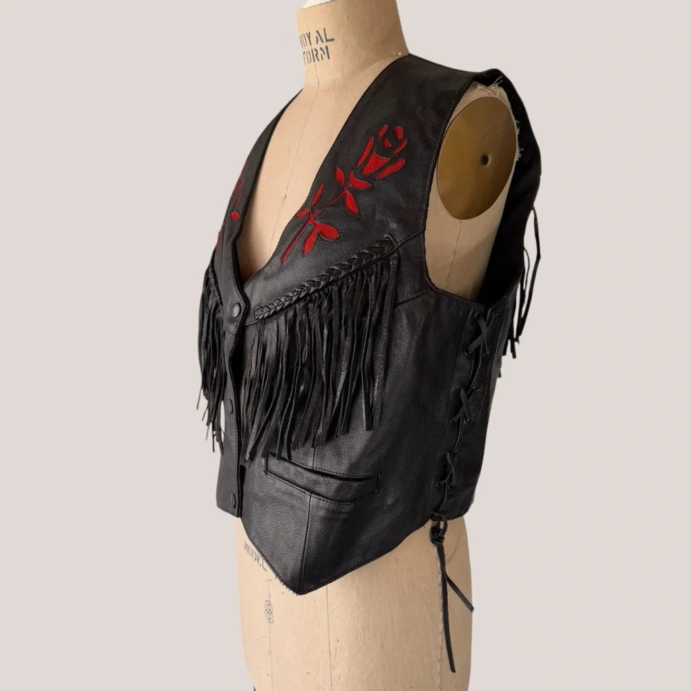Vintage MOB Genuine Leather Black Red Rose Fringe Vest - Picture 9 of 10